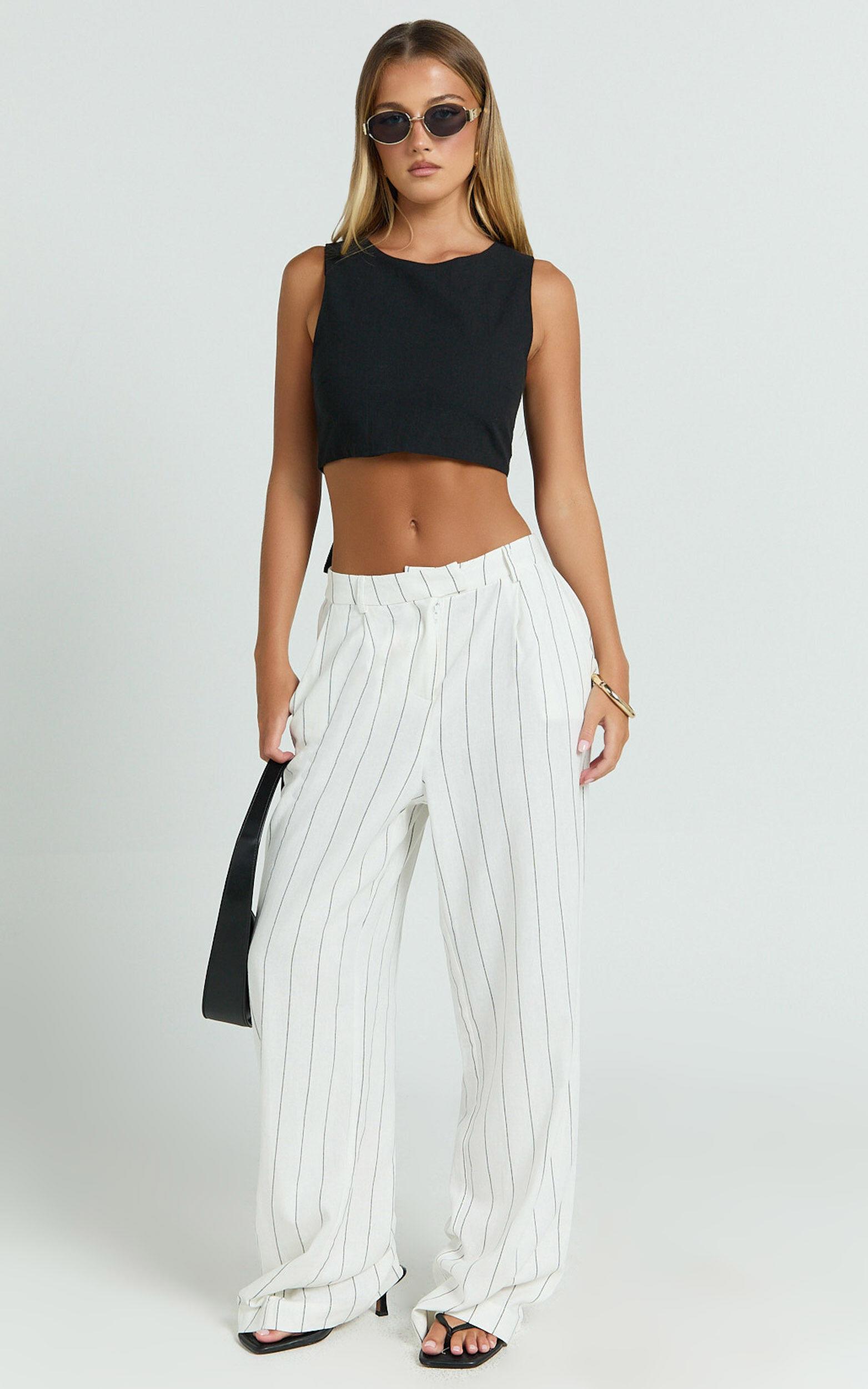 Trixie Pants - High Waist Linen Look Stripe Tailored Pants in Off White Product Image