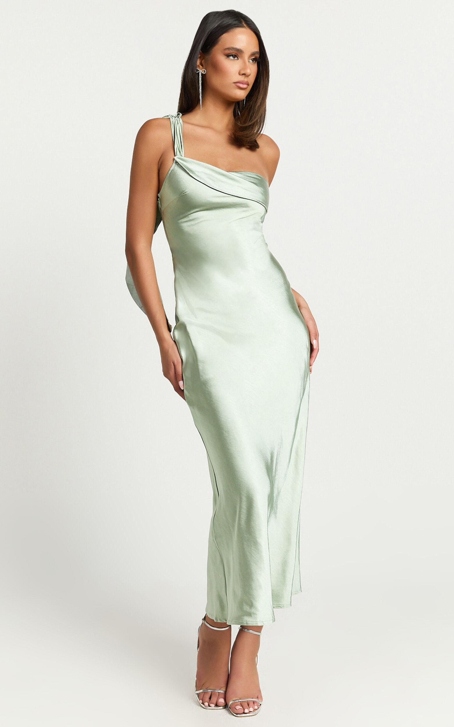 Calix Midi Dress - One shoulder Slip dress in Sage Product Image