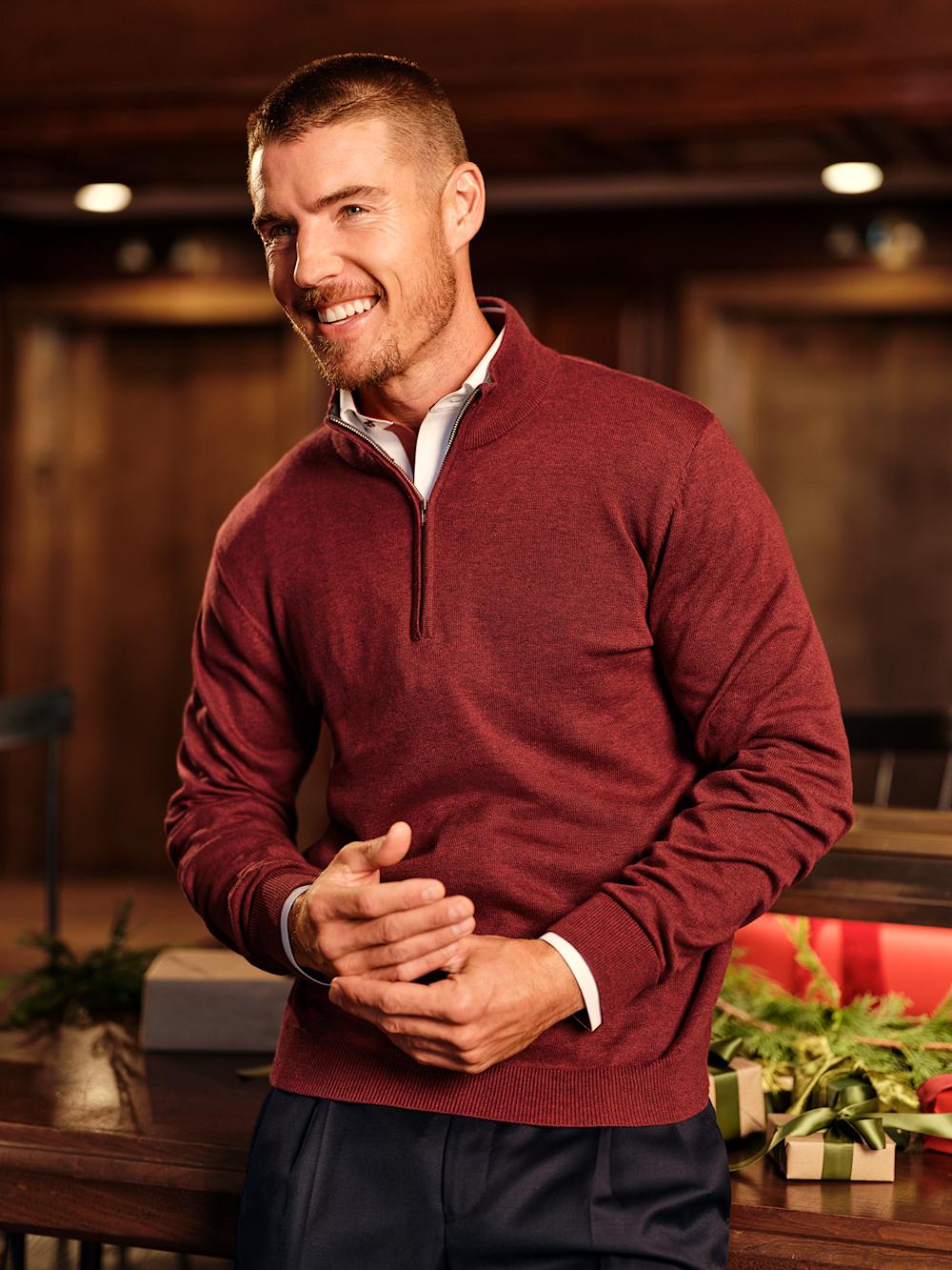 Supima Cotton Quarter Zip Mock Neck Sweater - Burgundy Product Image