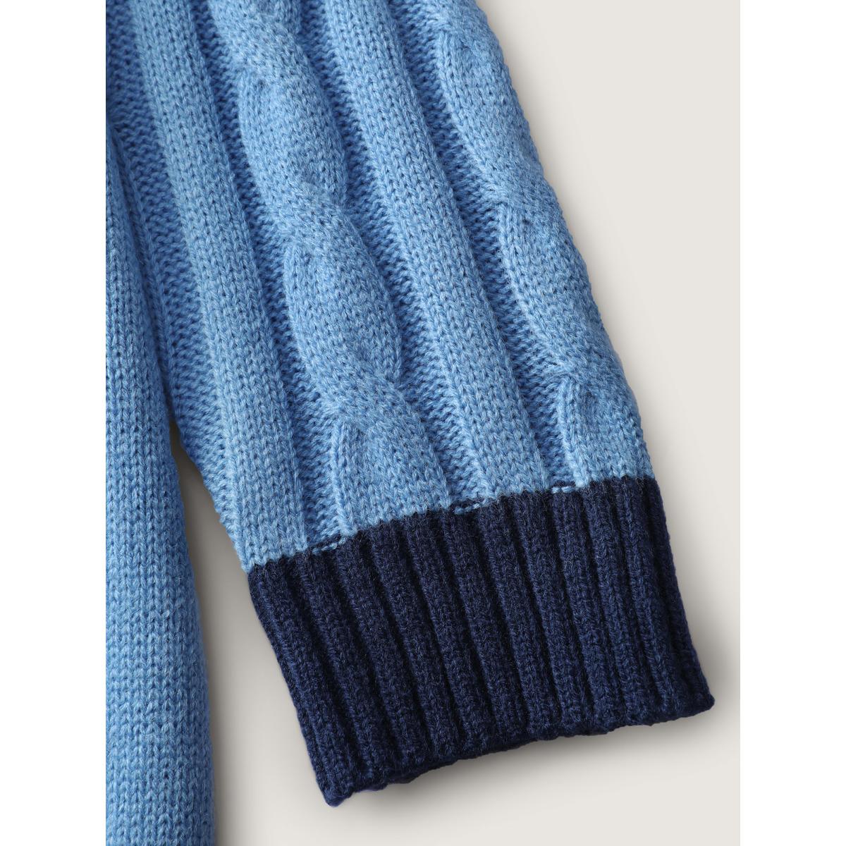 Plus Size Cable Knit Jacquard Floral Contrast Pullover LightBlue Women Playful Loose Long Sleeve Round Neck Casual Pullovers BloomChic 30/6X Product Image