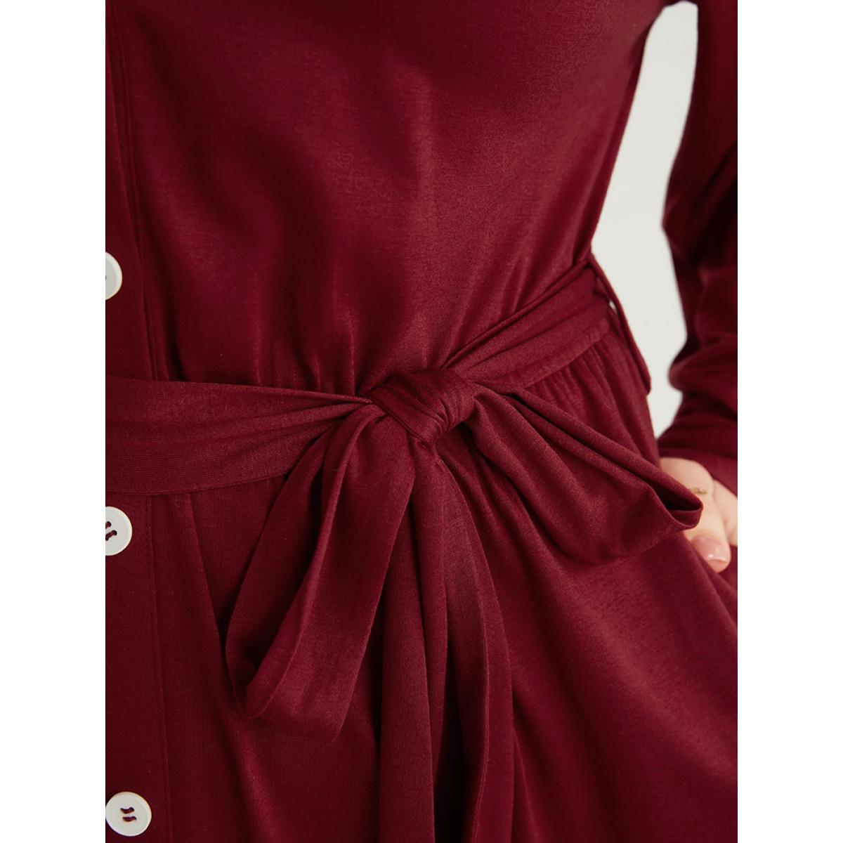 Plus Size Solid Pocket Button Up Belted Flutter Dress Scarlet Women Office Gathered Shirt collar Long Sleeve Curvy Midi Dress BloomChic 30/6X Product Image