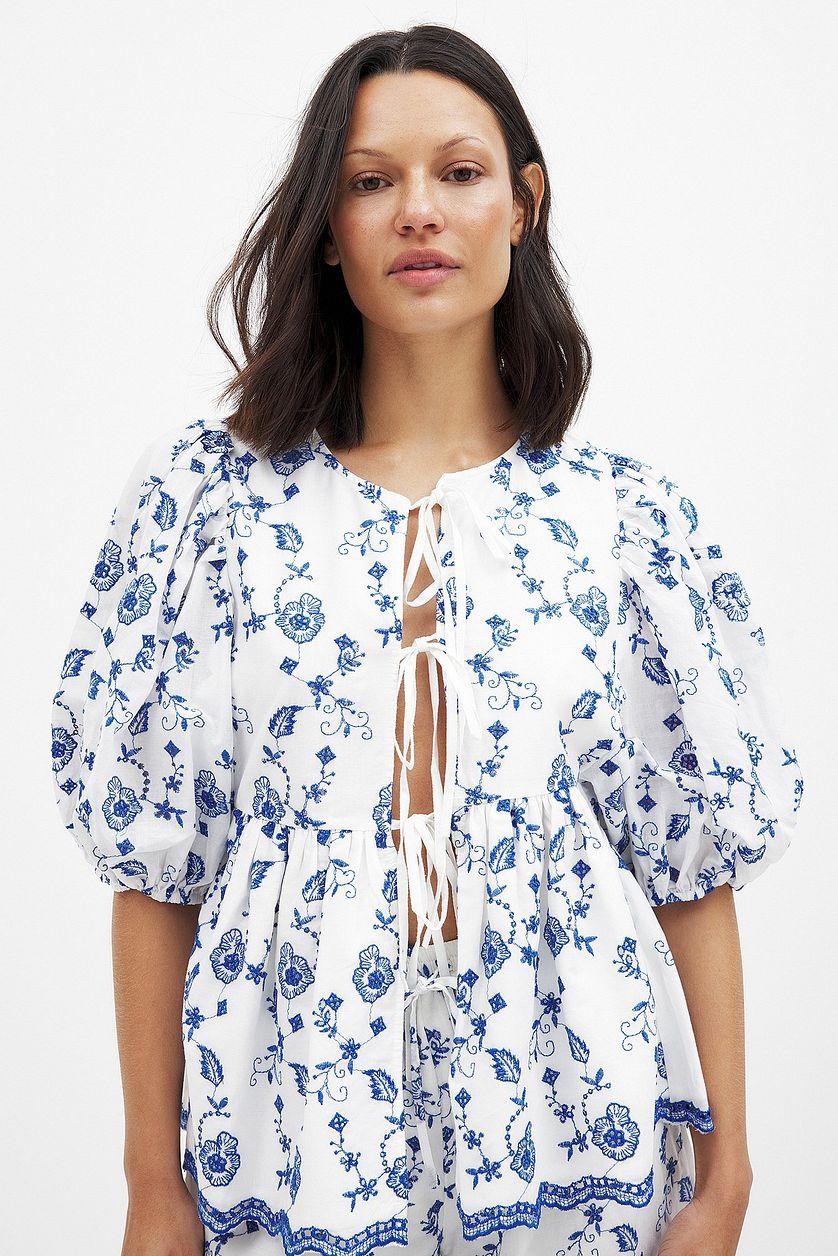 Embroidered Contrast Tie Front Blouse Product Image