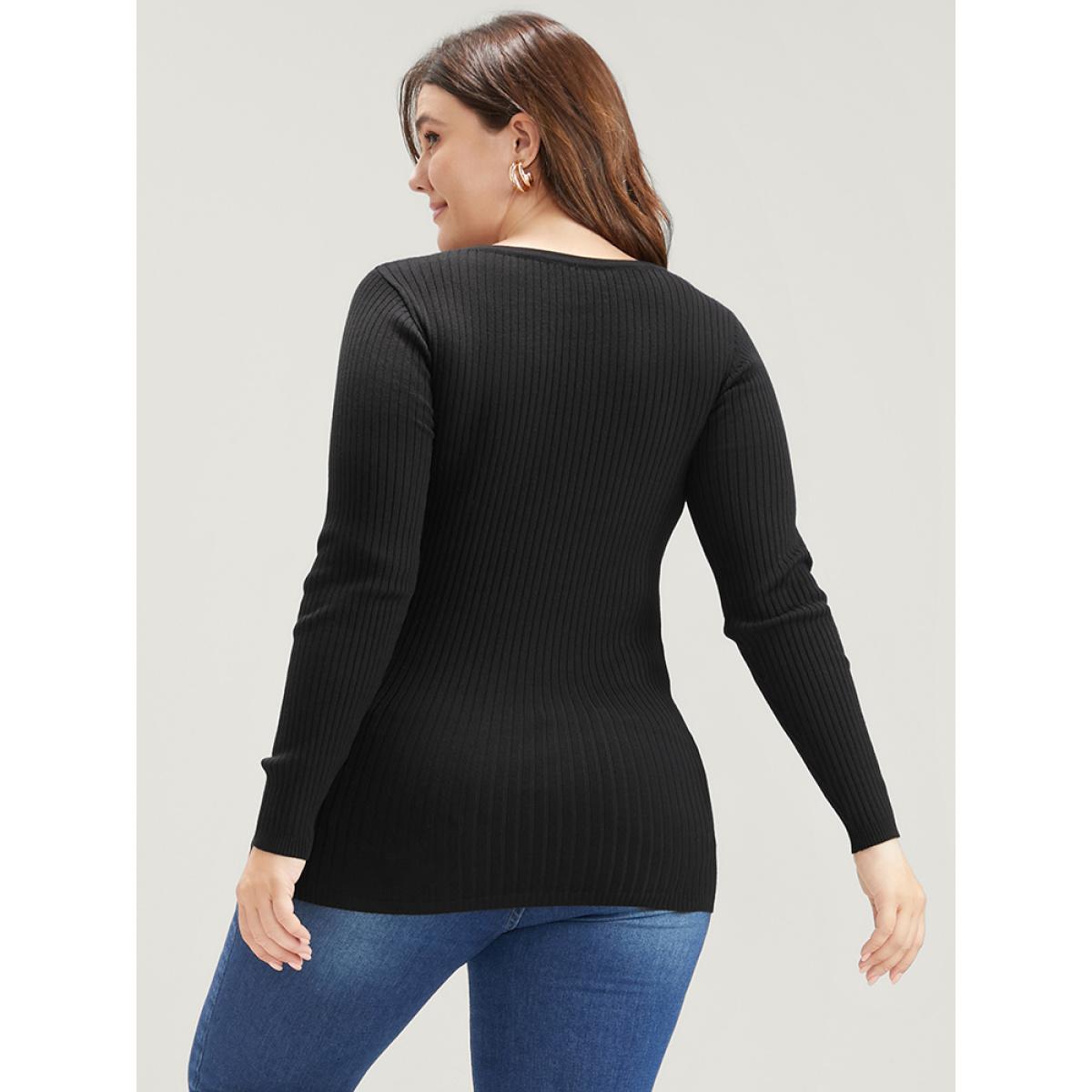 Plus Size Solid Super Soft Rib Knit Cut Out Knit Top Black Women Elegant Bodycon Long Sleeve Round Neck Dailywear Pullovers BloomChic 28/5X Product Image