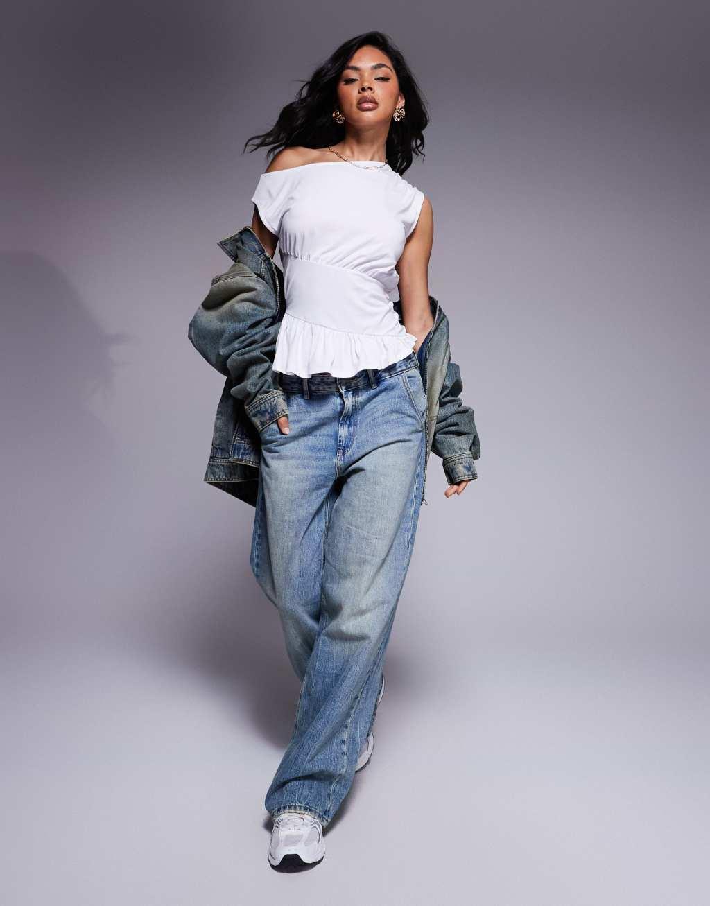 ASOS DESIGN asymmetric draped slouchy top with cinched and drape detail in white Product Image