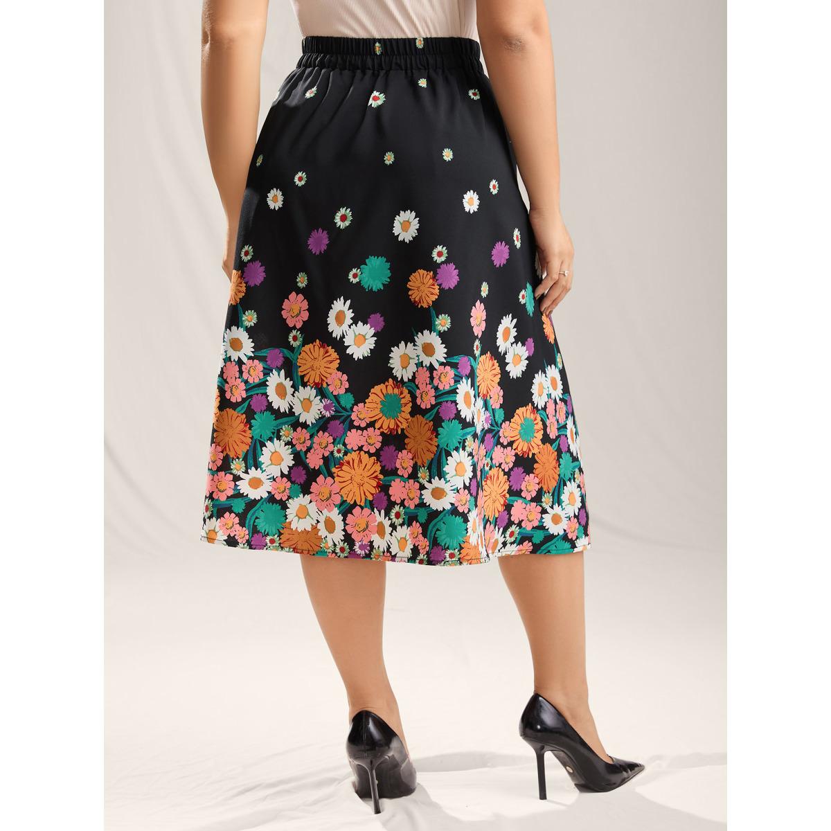 Plus Size Floral Print Pleated Midi Skirt Women BlackFlower Elegant Contrast Bodycon Low stretch Slanted pocket Party Skirts BloomChic 18-20/2X Product Image