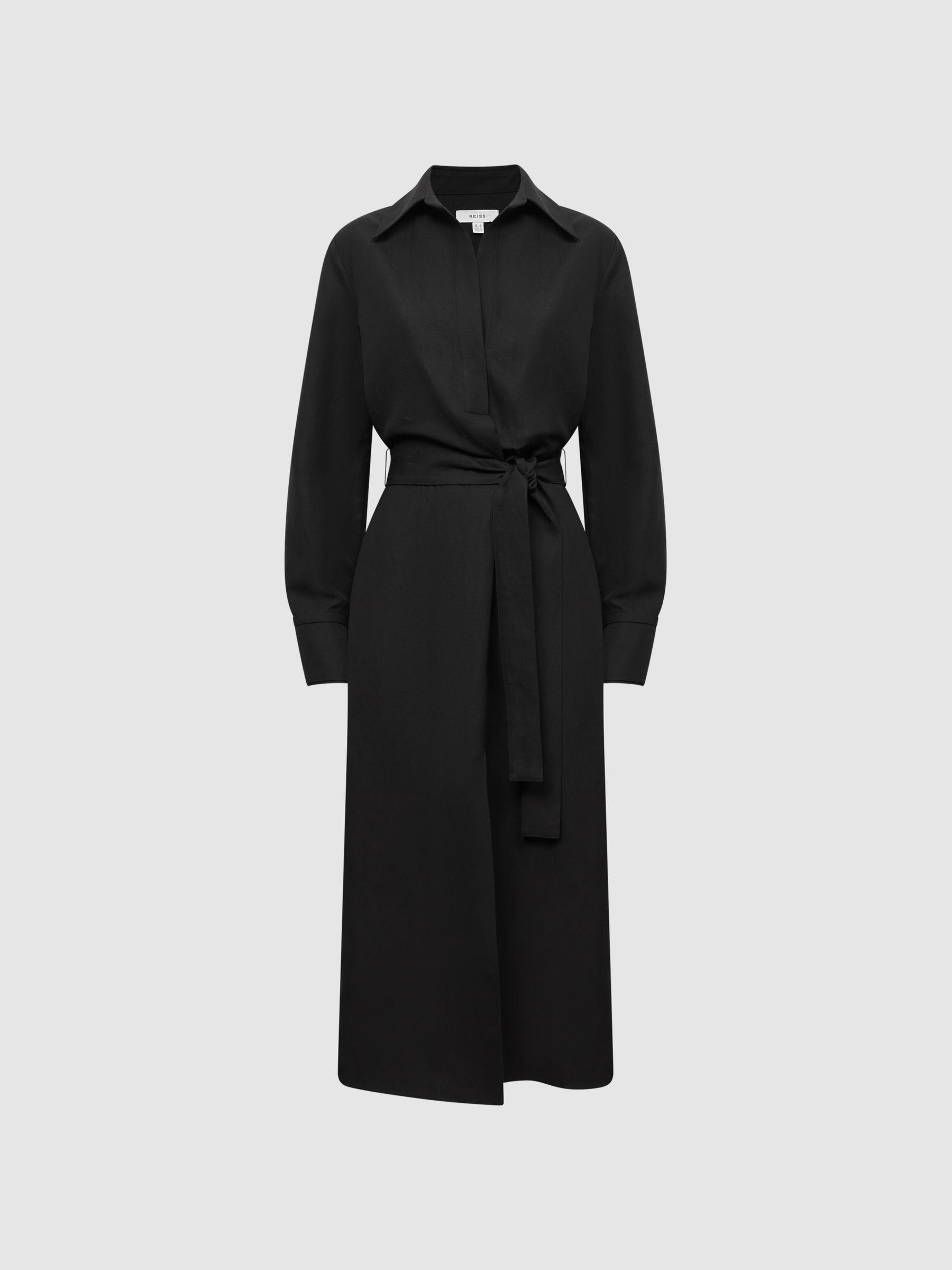 Premium Linen Blend Midi Dress in Black Product Image