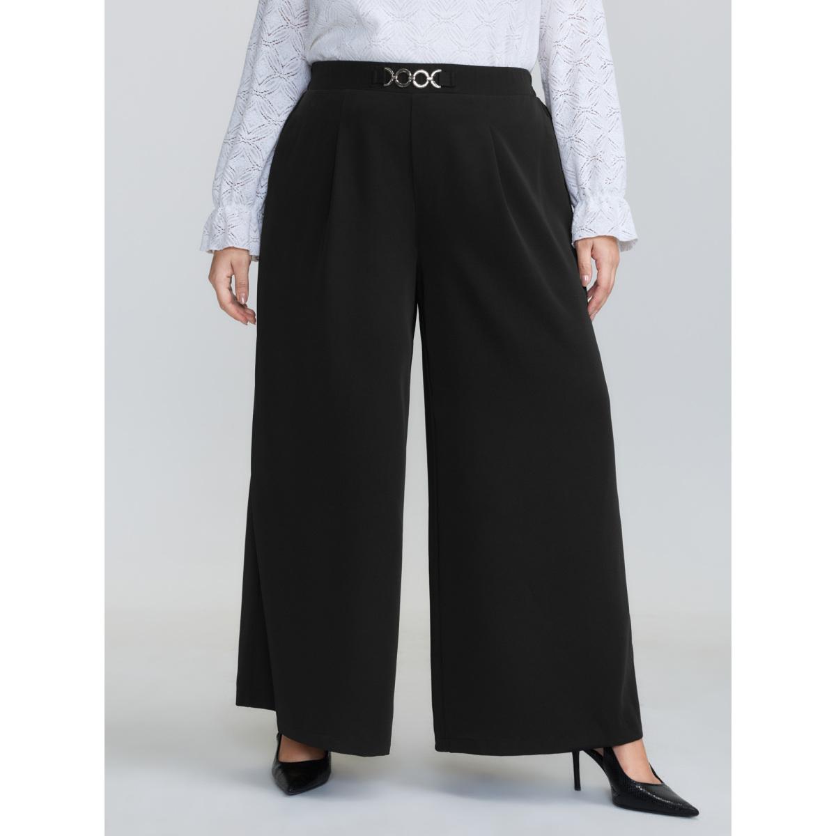 Plus Size Metal Buckle Detail Wide-Leg Pants Women Black Timeless Straight Leg Mid Rise Elegant Pants BloomChic 28/5X Product Image