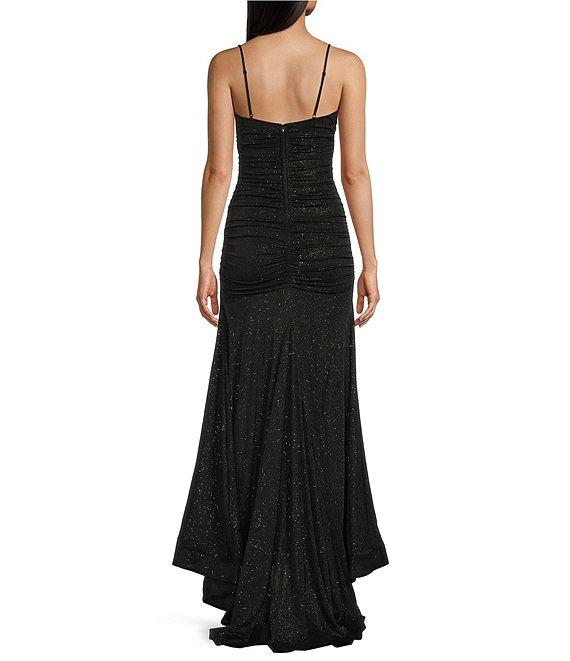 Honey and Rosie Glitter Drape Neck Adjustable Strap Shirred Gown Product Image