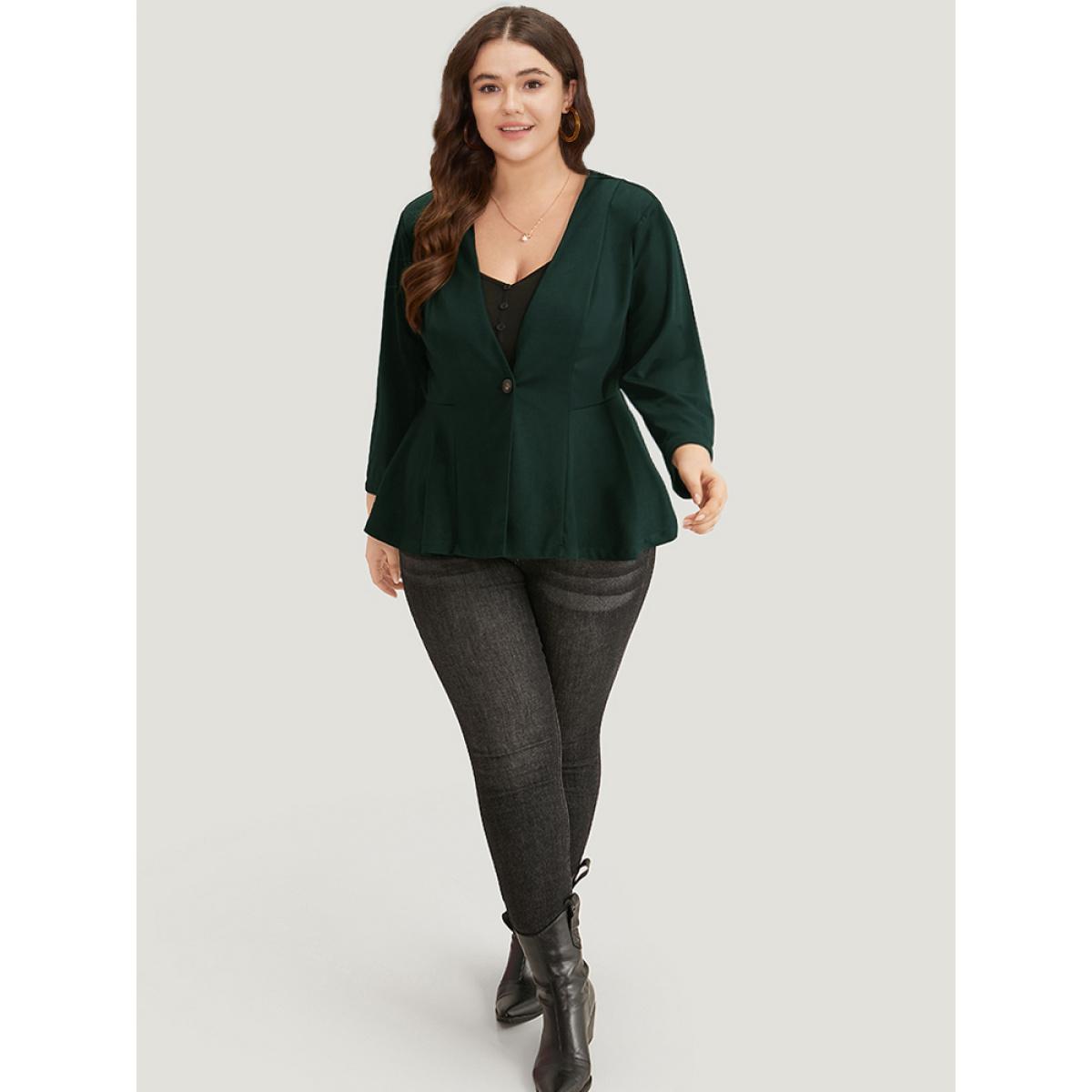 Plus Size Plain Button Up Ruffle Hem Blazer Green Women Dailywear Plain Plain Sleeve Long Sleeve V-neck 26/4X Casual Blazers BloomChic Product Image