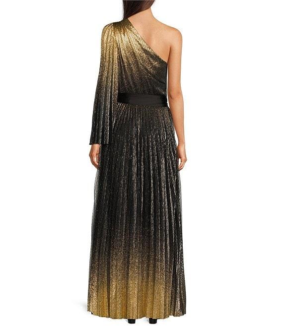Alex Marie Gabrielle Metallic Ombre Plisse Asymmetrical Neck One Shoulder Sleeveless Tie Waist A-Line Swing Gown Product Image