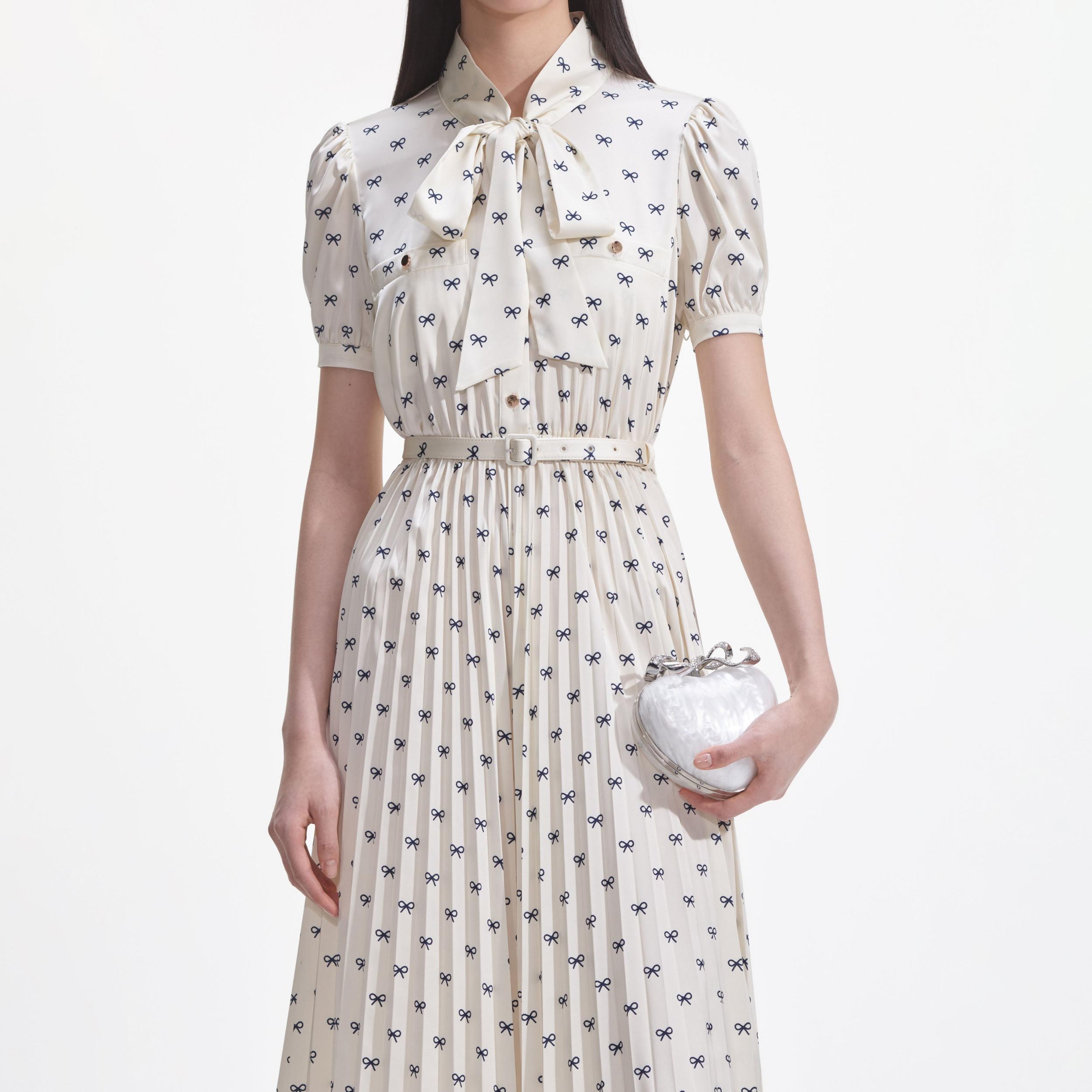 Cream Satin Bow Print Midi Dress Product Image