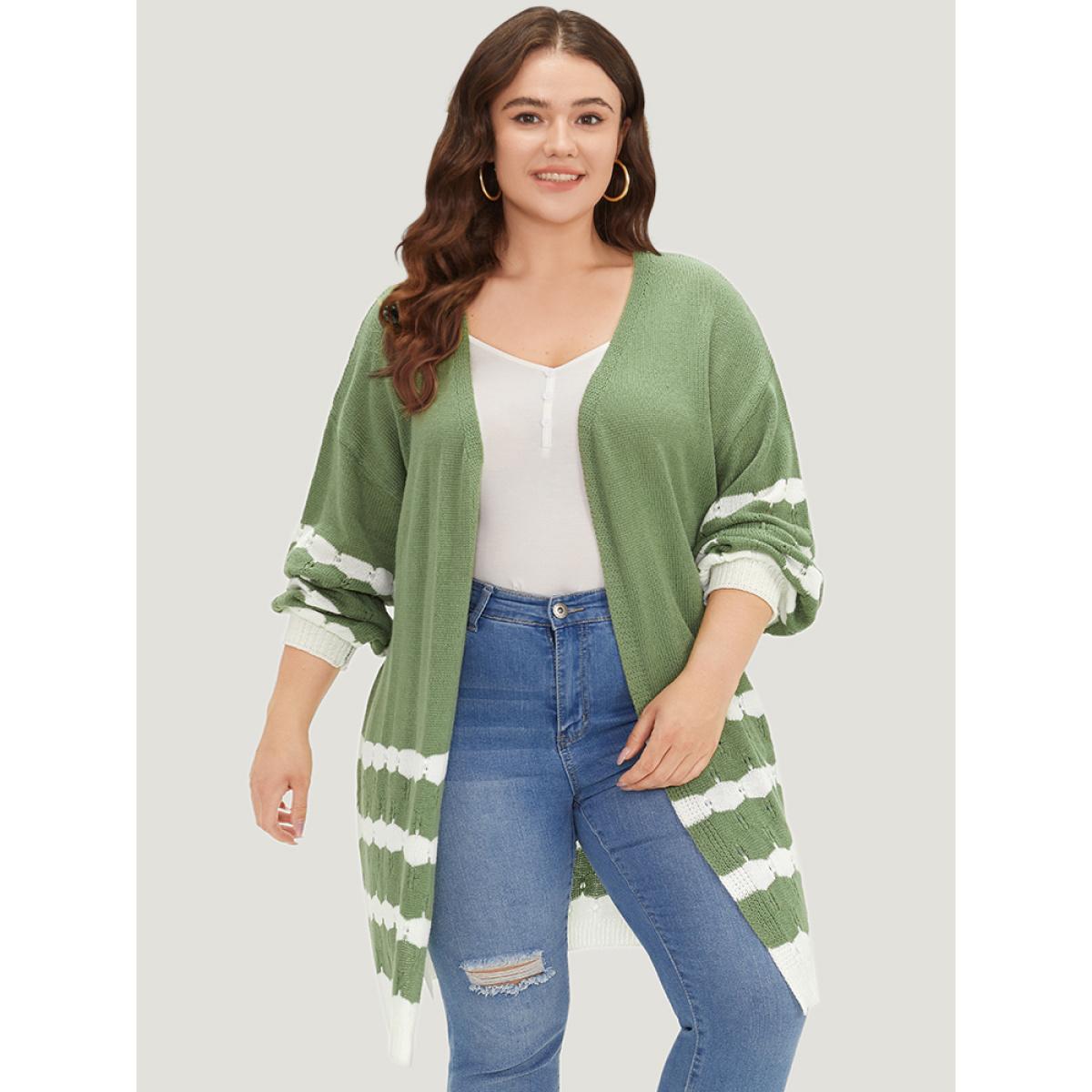 Plus Size Two Tone Open Front Split Side Cardigan Green Women Casual Loose Long Sleeve Everyday Cardigans BloomChic 18-20/2X Product Image
