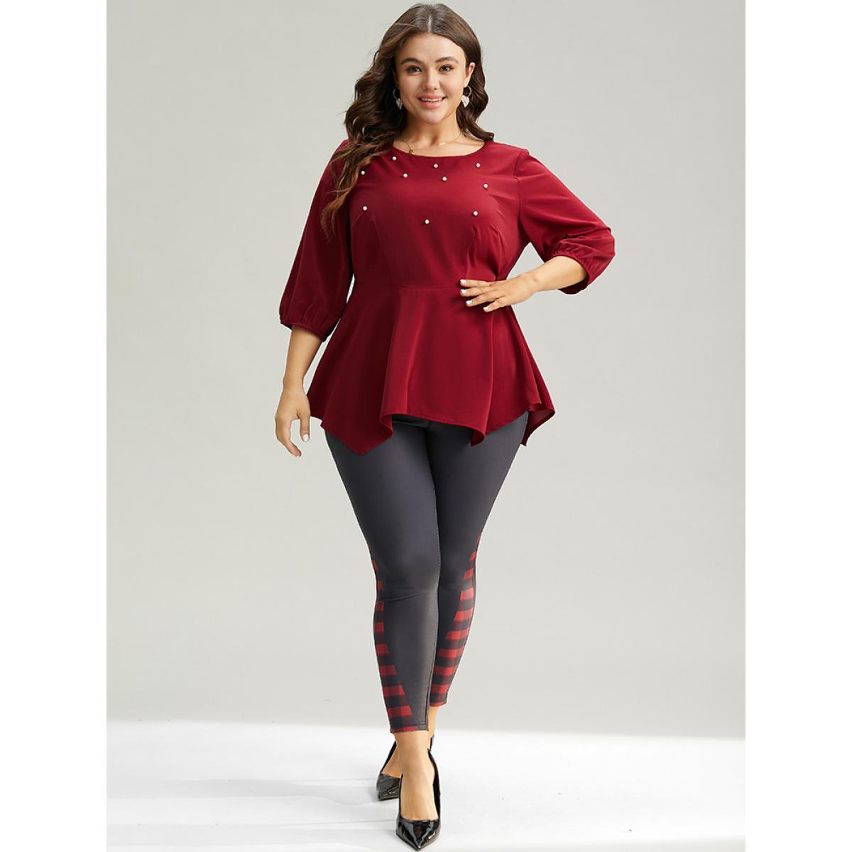 Plus Size Burgundy Plain Pearl Beaded Gathered Hanky Hem Blouse Women Glamour Elbow-length sleeve Round Neck Festival-Christmas Blouses BloomChic 30/6X Product Image