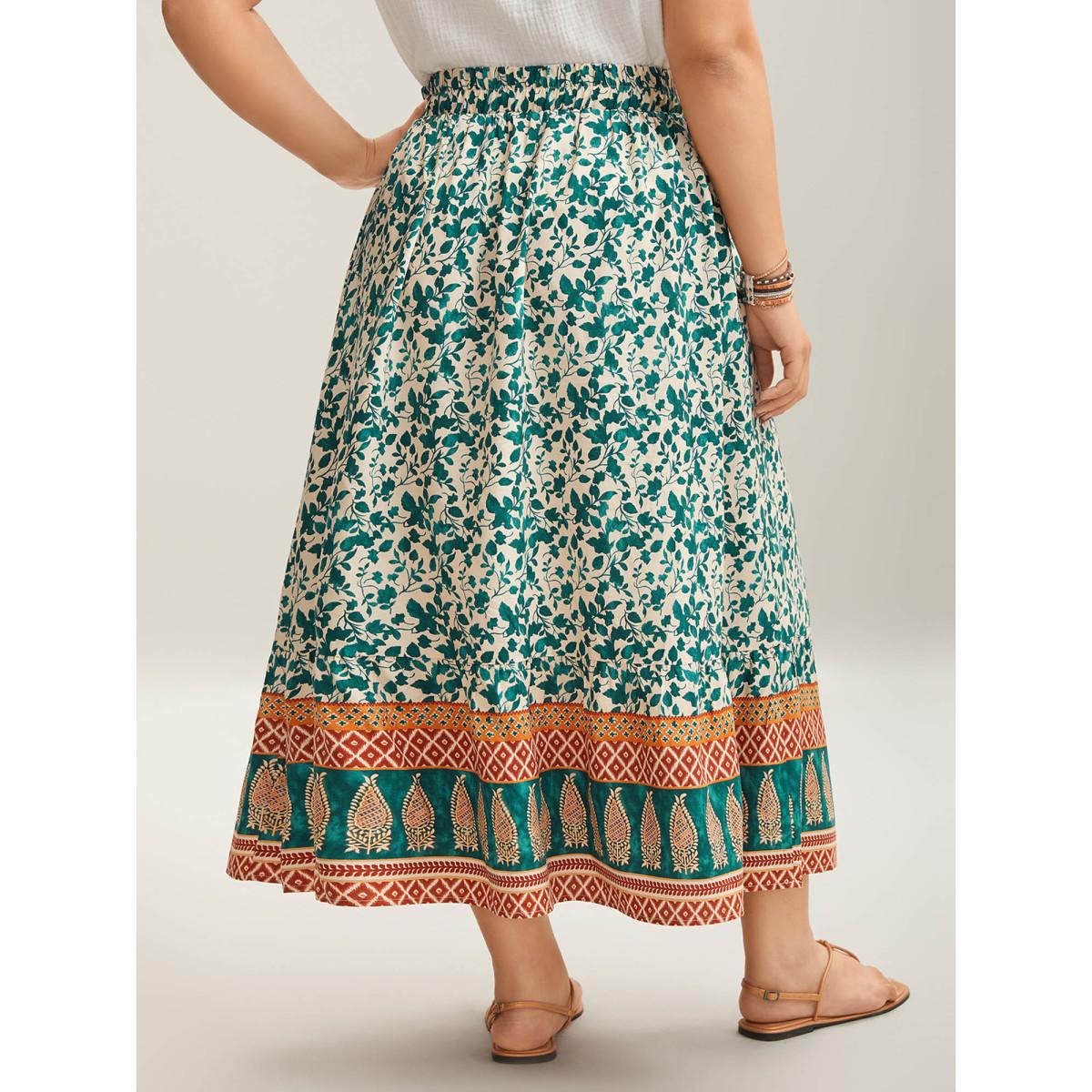 Plus Size Stretchy Waist Boho Print Tied Midi Skirt Women Turquoise Elegant Drawstring Bodycon Low stretch Slanted pocket Everyday Skirts BloomChic 10/M Product Image