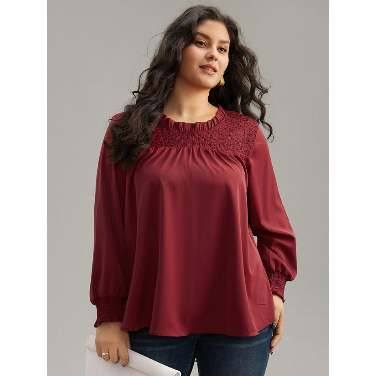 Plus Size Scarlet Static-Free Solid Shirred Frill Trim Blouse Women Office Long Sleeve Round Neck Office Blouses BloomChic 14-16/1X Product Image