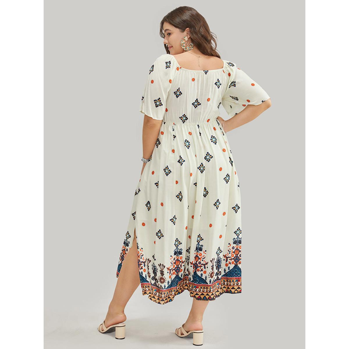 Plus Size Bandana Print Square Neck Pocket Shirred Frill Trim Split Dress Multicolor Women Vacation Frill Trim Square Neck Short sleeve Curvy Midi Dress BloomChic 10/M Product Image