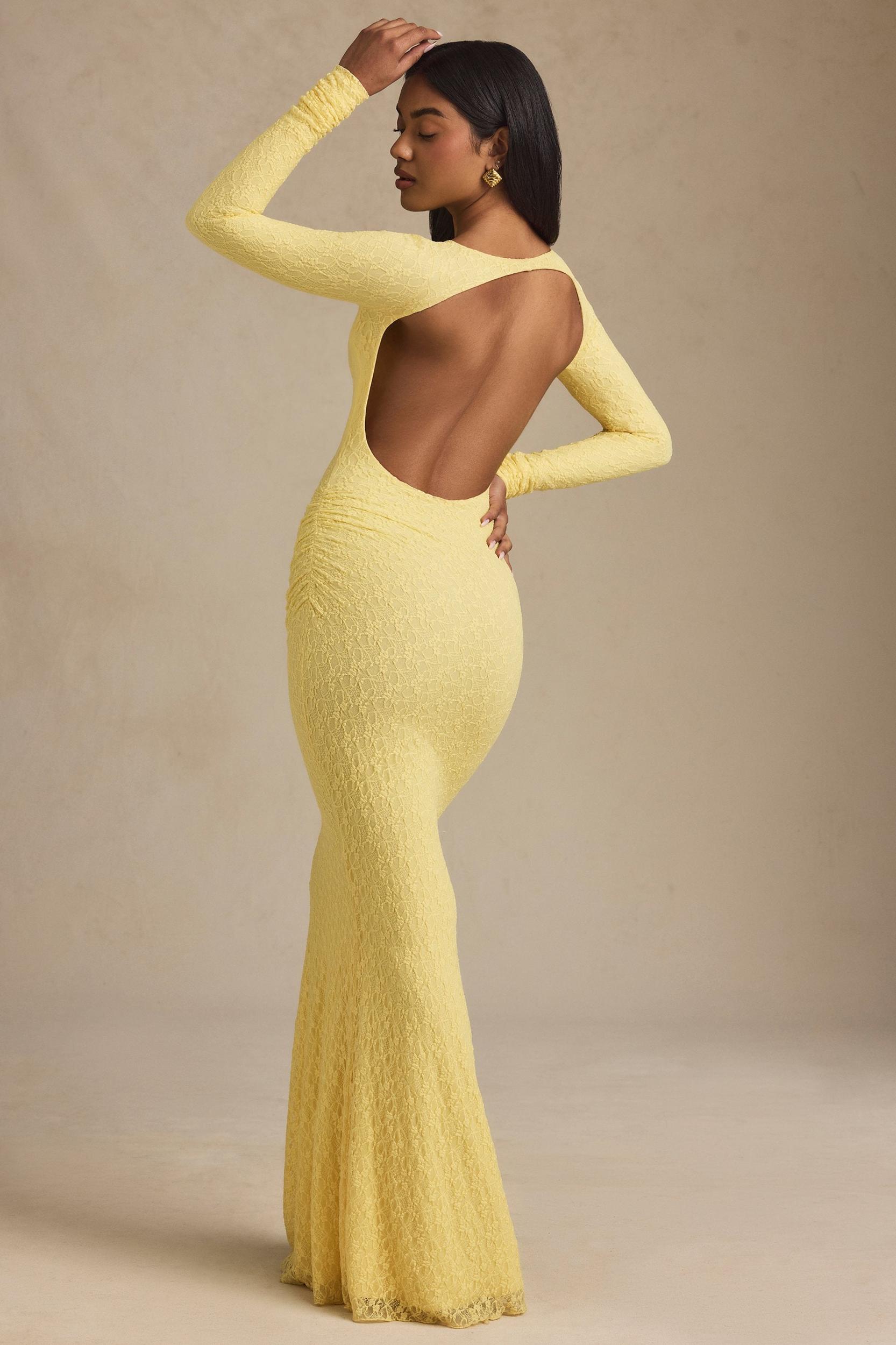 Ruched Backless Lace Maxi Dress in Pastel Yellow Product Image