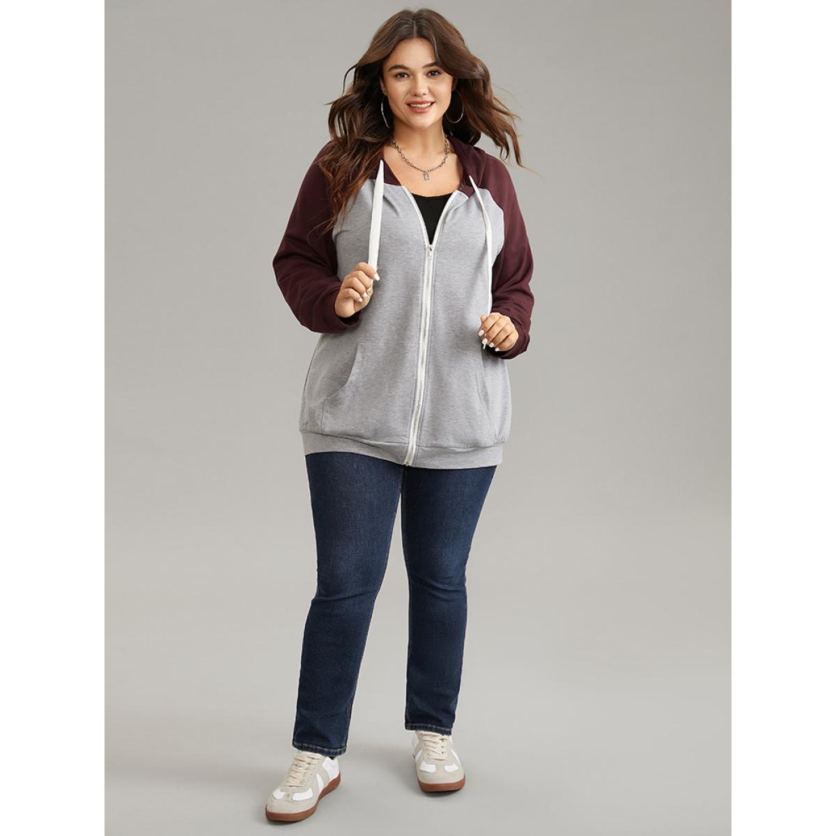 Plus Size Contrast Raglan Sleeve Zipper Hooded Sweatshirt Women Gray Casual Contrast Hooded Dailywear Sweatshirts BloomChic 26/4X Product Image