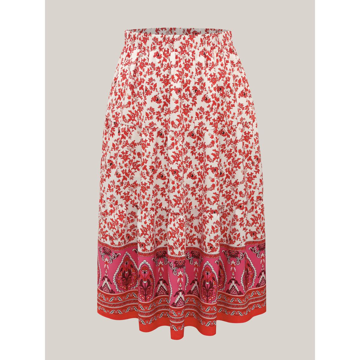 Plus Size Floral Boho Print Tiered Maxi Skirt Women Salmon Loose No stretch Side seam pocket Vacation Skirts BloomChic 14-16/1X Product Image