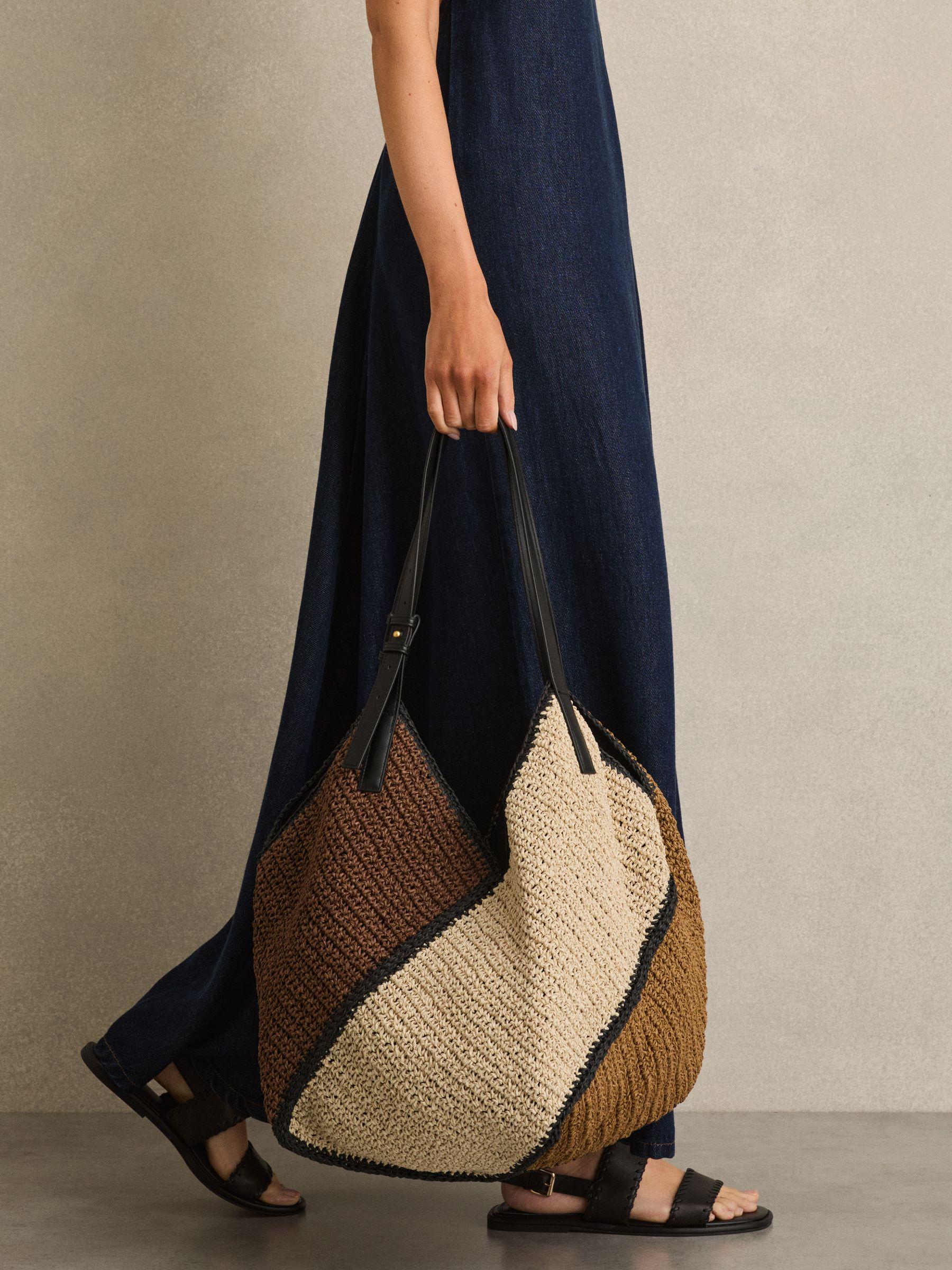 Raffia Colour-Block Tote Bag in Tan Product Image