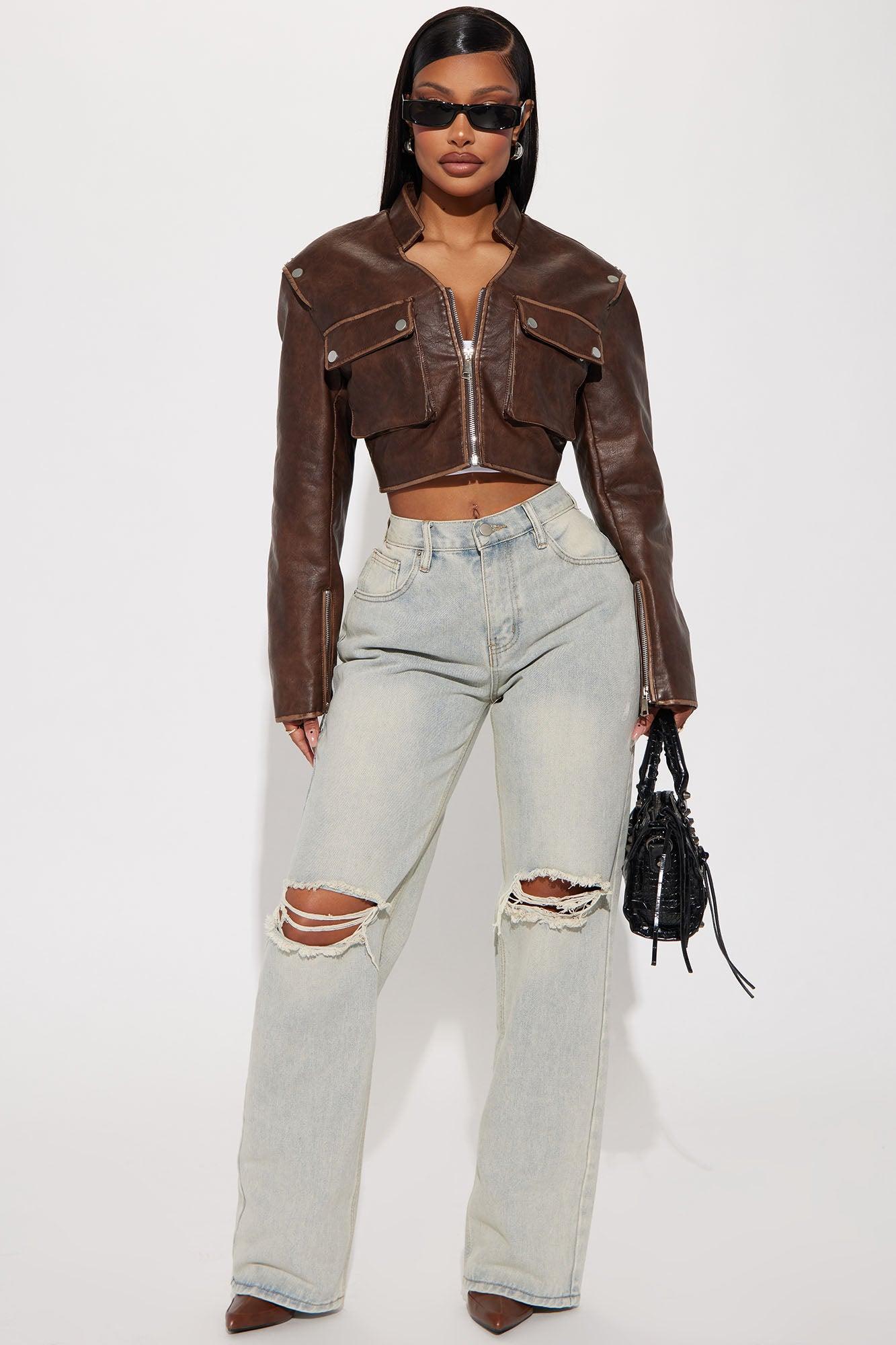 Brooklyn Faux Leather Fitted Jacket - Brown Product Image