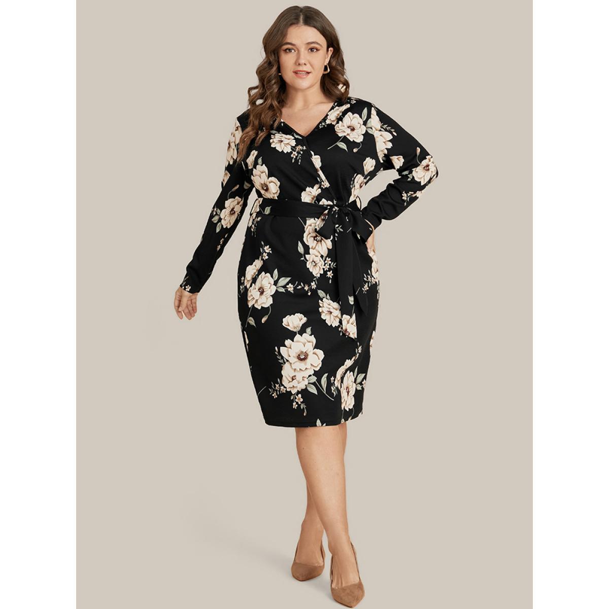 Plus Size Floral Print Belted Surplice Neck Knee Dress Black Women Elegant Belted V-neck Long Sleeve Curvy Knee Dress BloomChic 14-16/1X Product Image