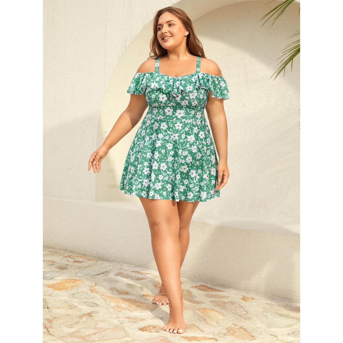 Plus Size Ditsy Floral Print Ruffled Swim Dress Women's Swimwear Greenbean Beach Bodycon One-shoulder neck High stretch Curve Swim Dresses BloomChic 12/L Product Image