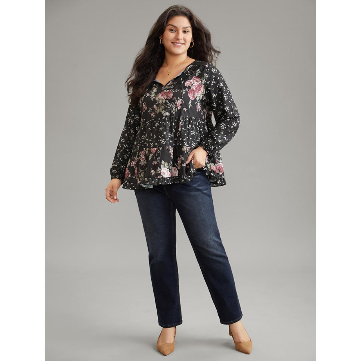 Plus Size Black Floral Knot Neck Lantern Sleeve Ruffle Layered Hem Blouse Women Elegant Long Sleeve Tie Neck Vacation Blouses BloomChic 14-16/1X Product Image