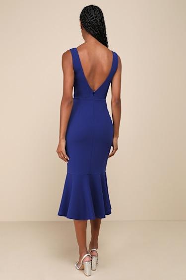 Moment Maker Cobalt Blue Square Neck Trumpet Midi Dress Product Image