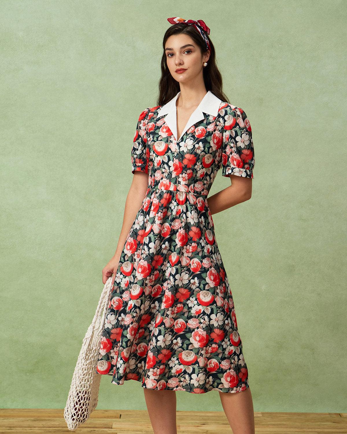 Black Floral Contrast Midi Dress Product Image