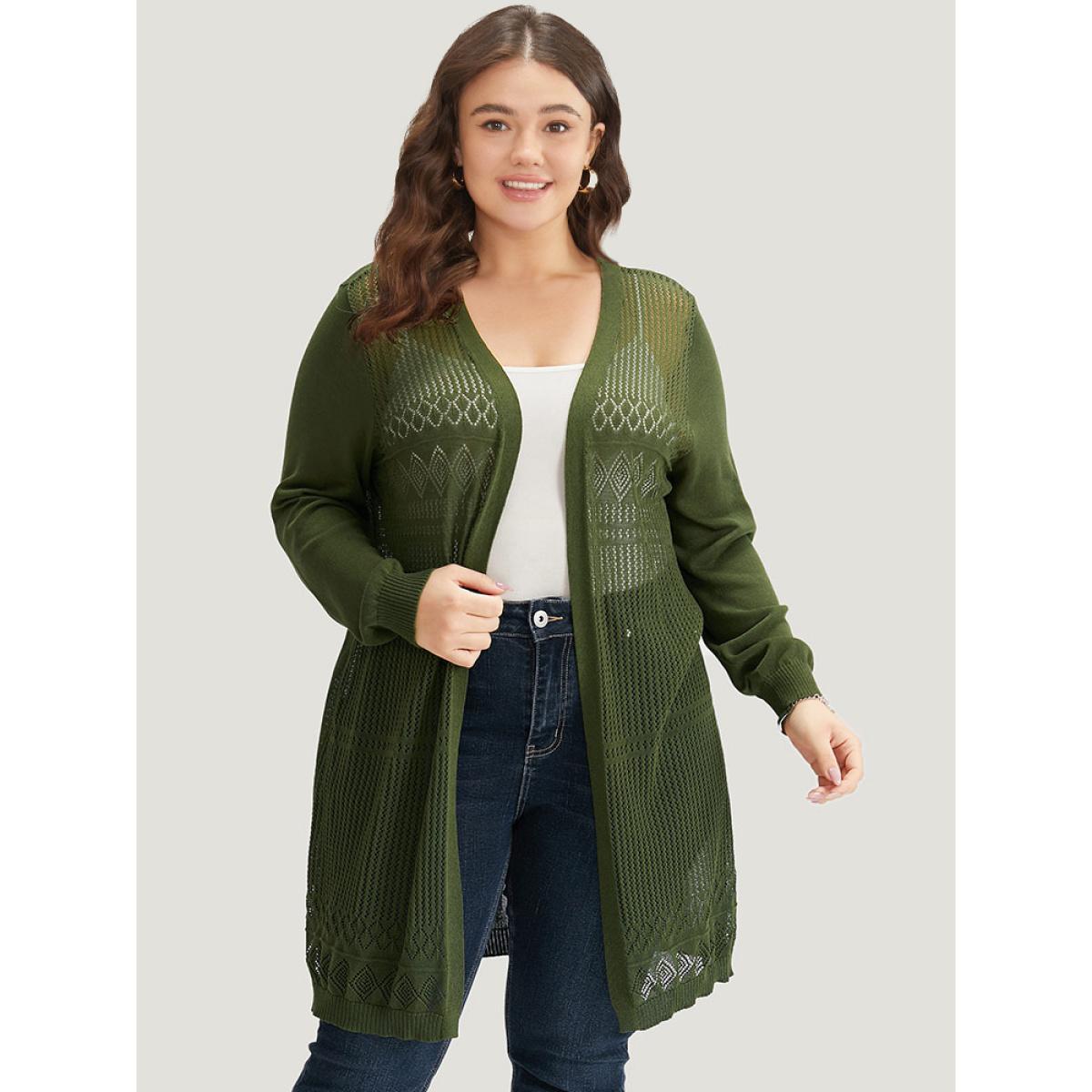 Plus Size Geometric Open Front Hollow Out Cardigan Moss Women Casual Loose Long Sleeve Dailywear Cardigans BloomChic 22-24/3X Product Image