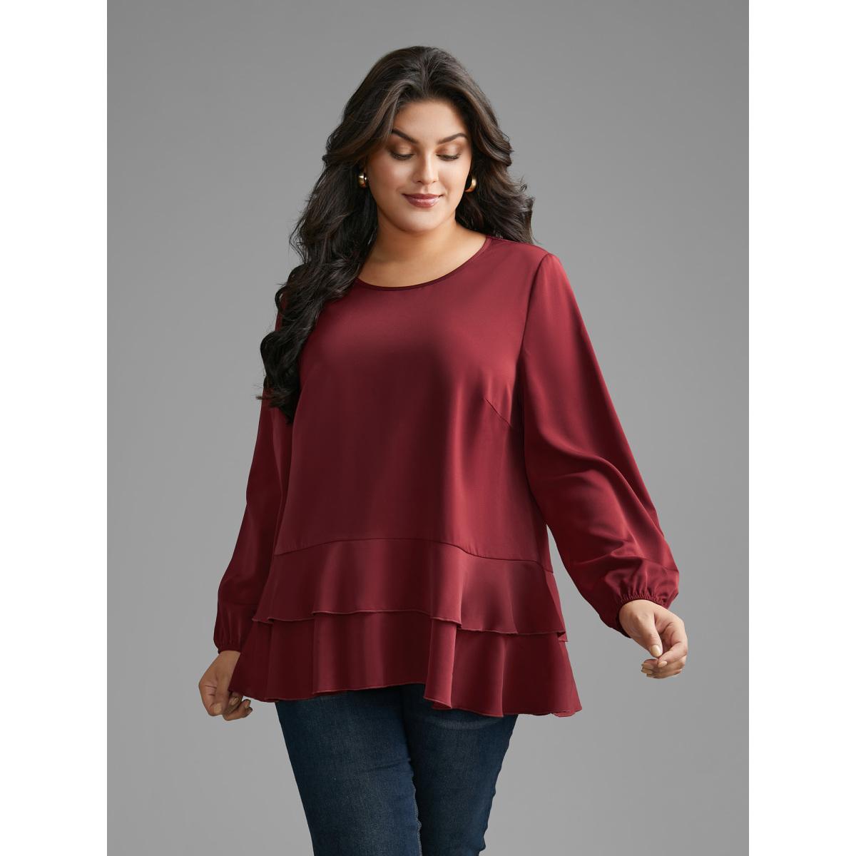 Plus Size Scarlet Plain Tiered Ruffle Hem Lantern Sleeve Blouse Women Elegant Long Sleeve Round Neck Everyday Blouses BloomChic 18-20/2X Product Image
