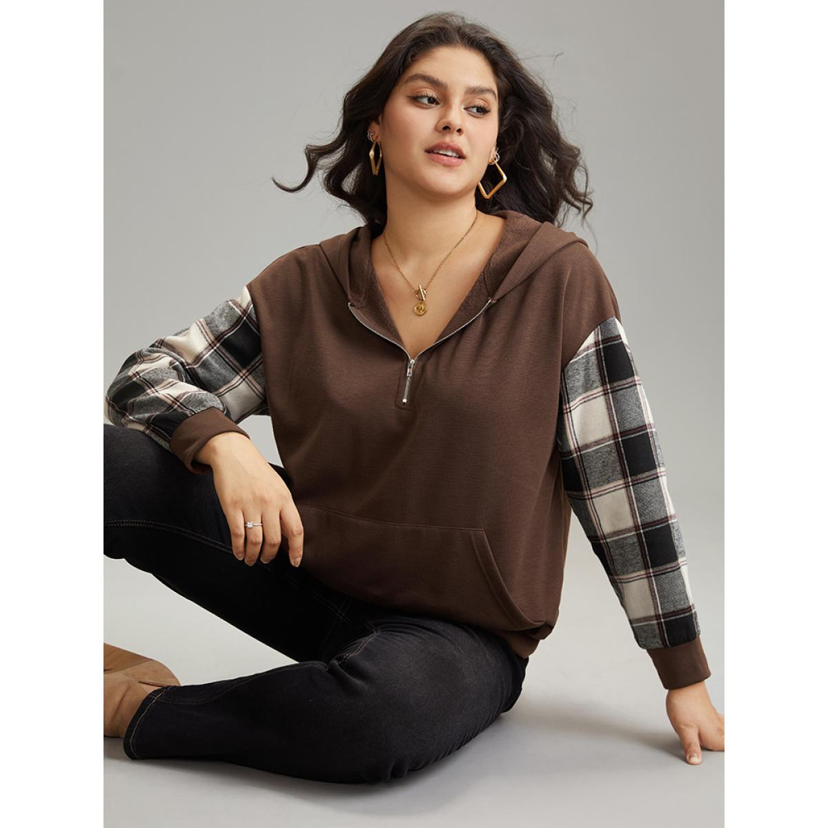 Plus Size Plaid Patchwork Half Zip Pocket Hooded Sweatshirt Women DarkBrown Casual Zipper Hooded Everyday Sweatshirts BloomChic 28/5X Product Image