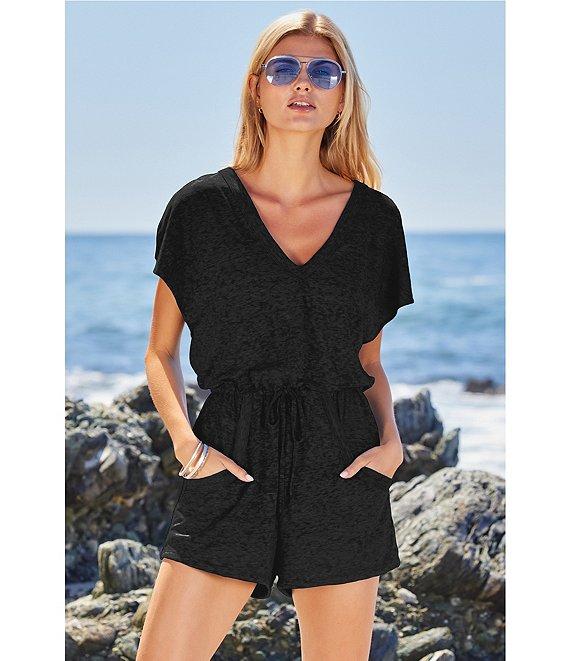 Becca By Rebecca Virtue Beach Date Ladder Rib Trim V-Neck Romper Swim Cover-Up Product Image