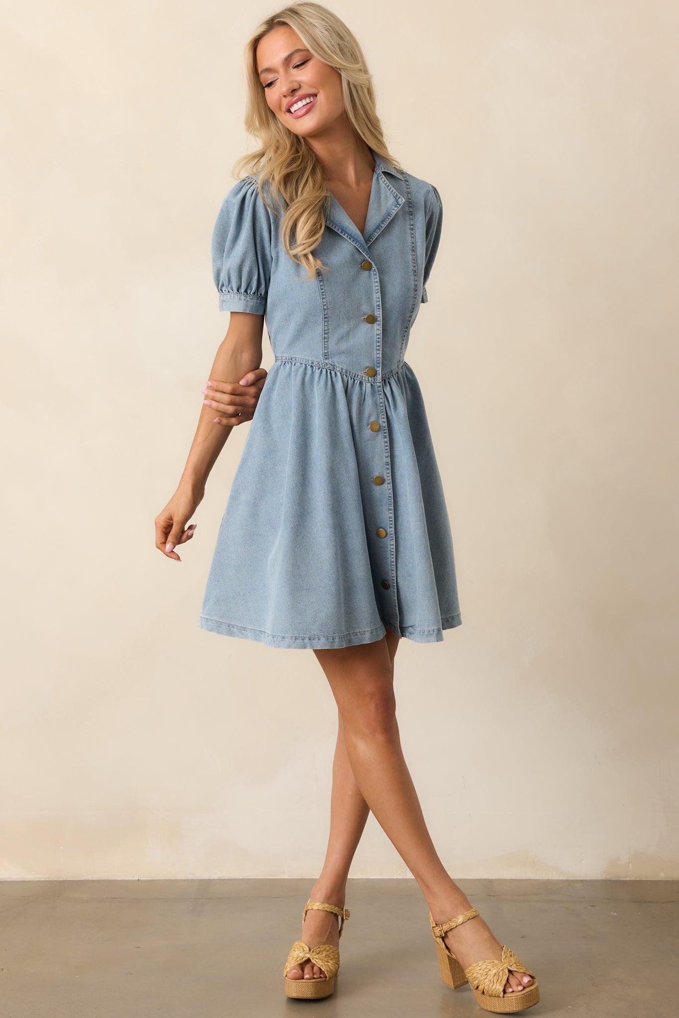 The World Awaits Light Wash Denim Mini Shirt Dress Product Image