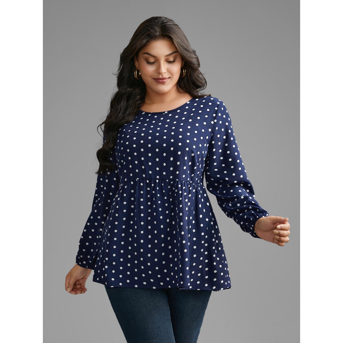 Plus Size Indigo Polka Dot Gathered Lantern Sleeve Blouse Women Elegant Long Sleeve Round Neck Everyday Blouses BloomChic 28/5X Product Image