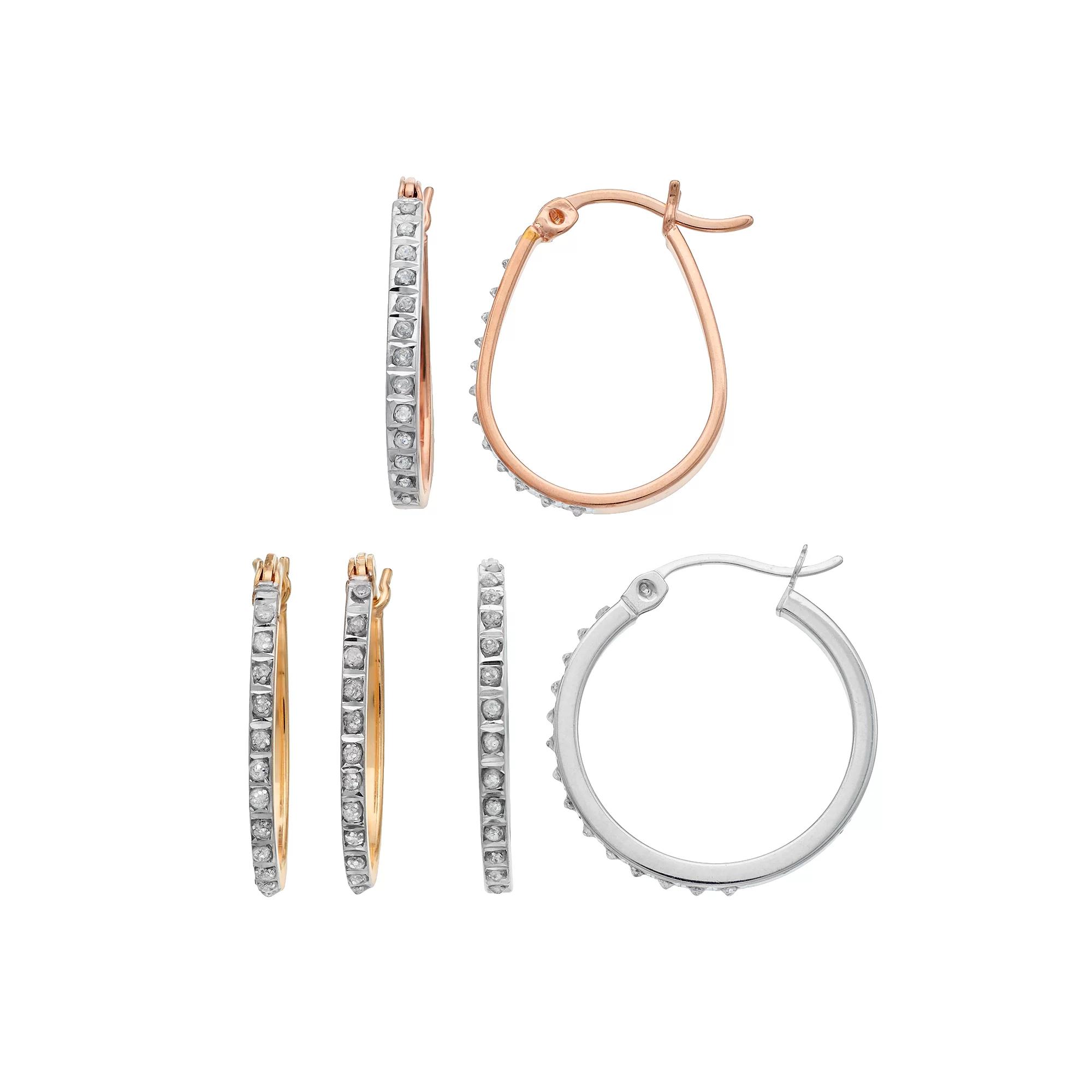 Diamond Mystique Tri-Tone Sterling Silver Hoop Earring Set, Women's Product Image