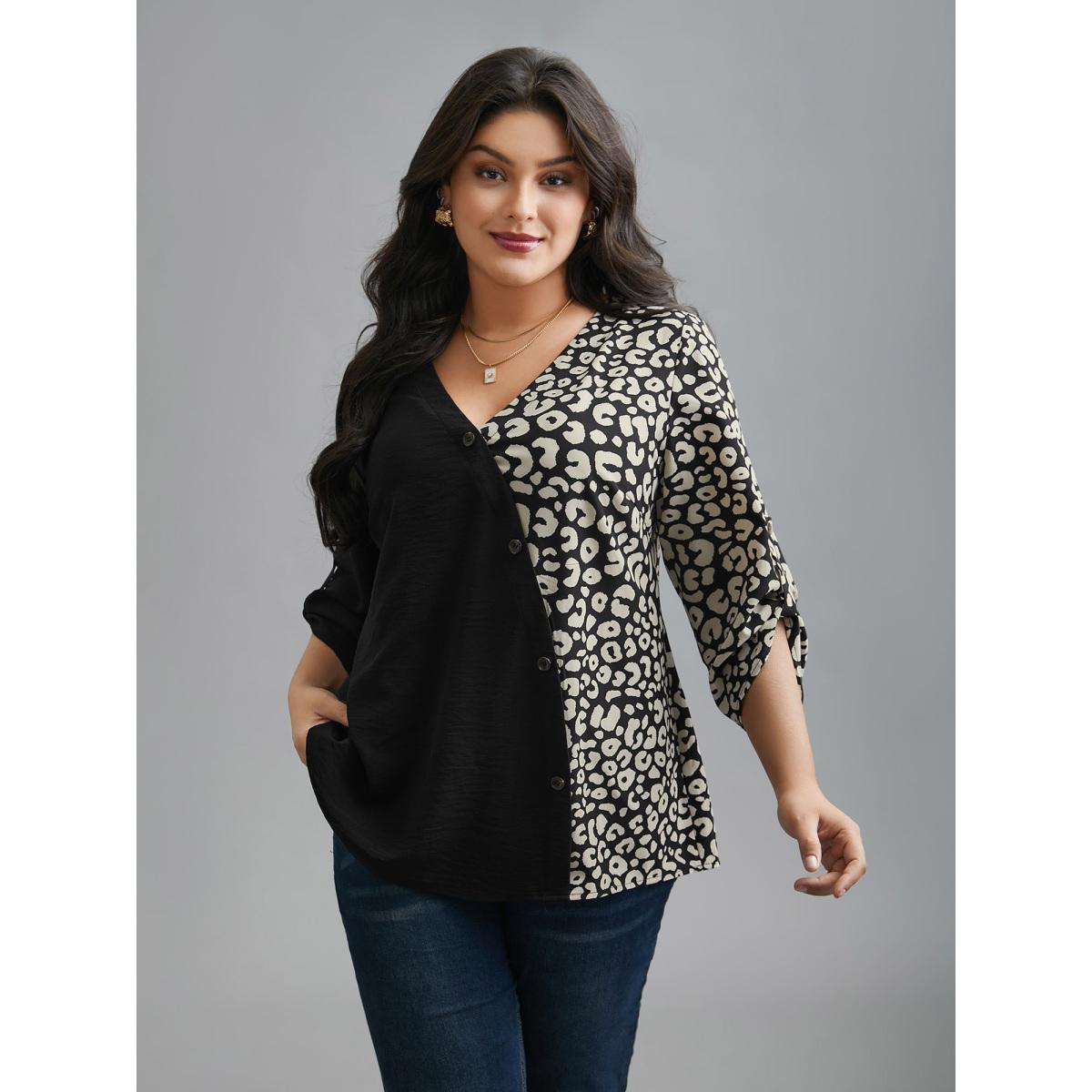Plus Size Black Leopard Print Spliced Tab Sleeve Blouse Women Elegant Extra Long Sleeve V-neck Everyday Blouses BloomChic 22-24/3X Product Image