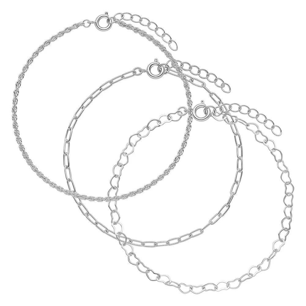 PRIMROSE Fine Silver Plated Herringbone Bracelet, Heart Link Bracelet, And Paperclip Link Bracelet 3-Piece Set, Women's, Size: 7.5", Silver Tone Product Image