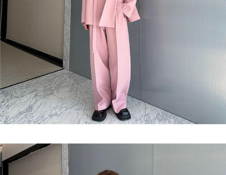 Set: Mock Two-Piece Peak Lapel Plain Buttoned Slit Blazer + Mid Rise Wide Leg Dress Pants Product Image