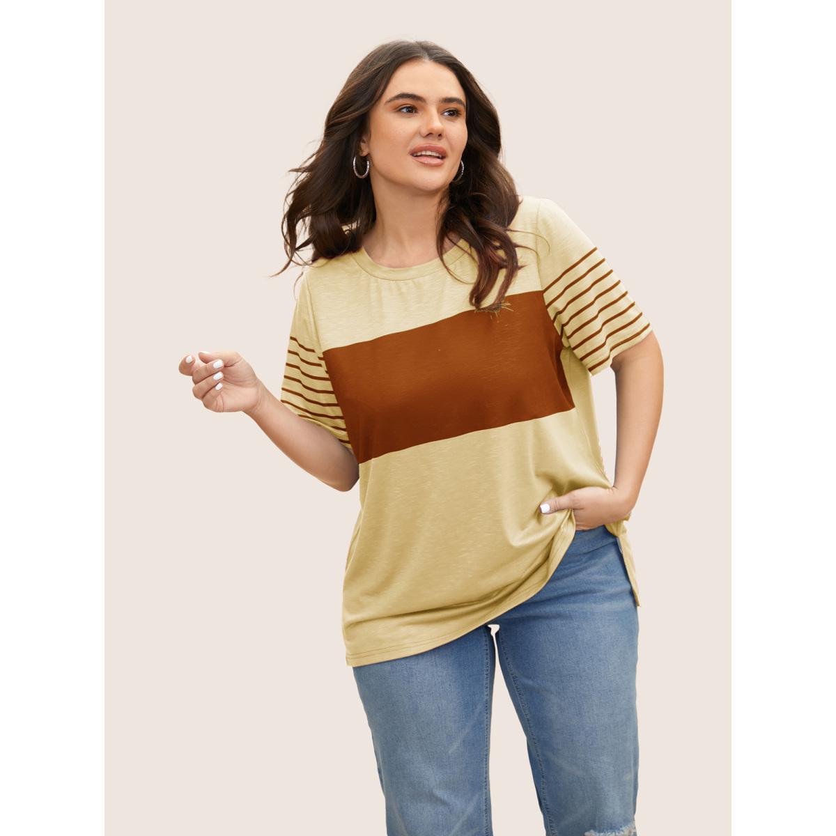 Plus Size Crew Neck Striped Patchwork Contrast T-shirt Beige Women Casual Contrast Art&design Round Neck Everyday T-shirts BloomChic 14-16/1X Product Image
