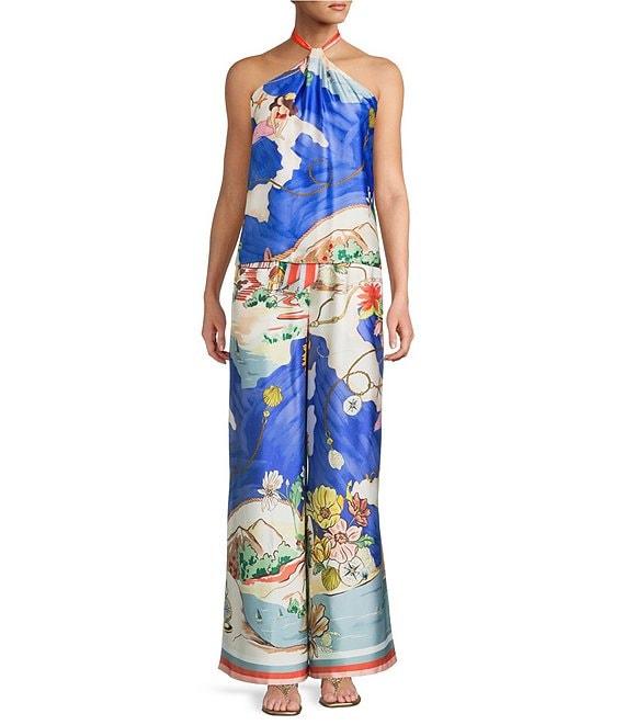 Antonio Melani Tara Ocean Print Satin Halter Neck Coordinating Blouse Product Image