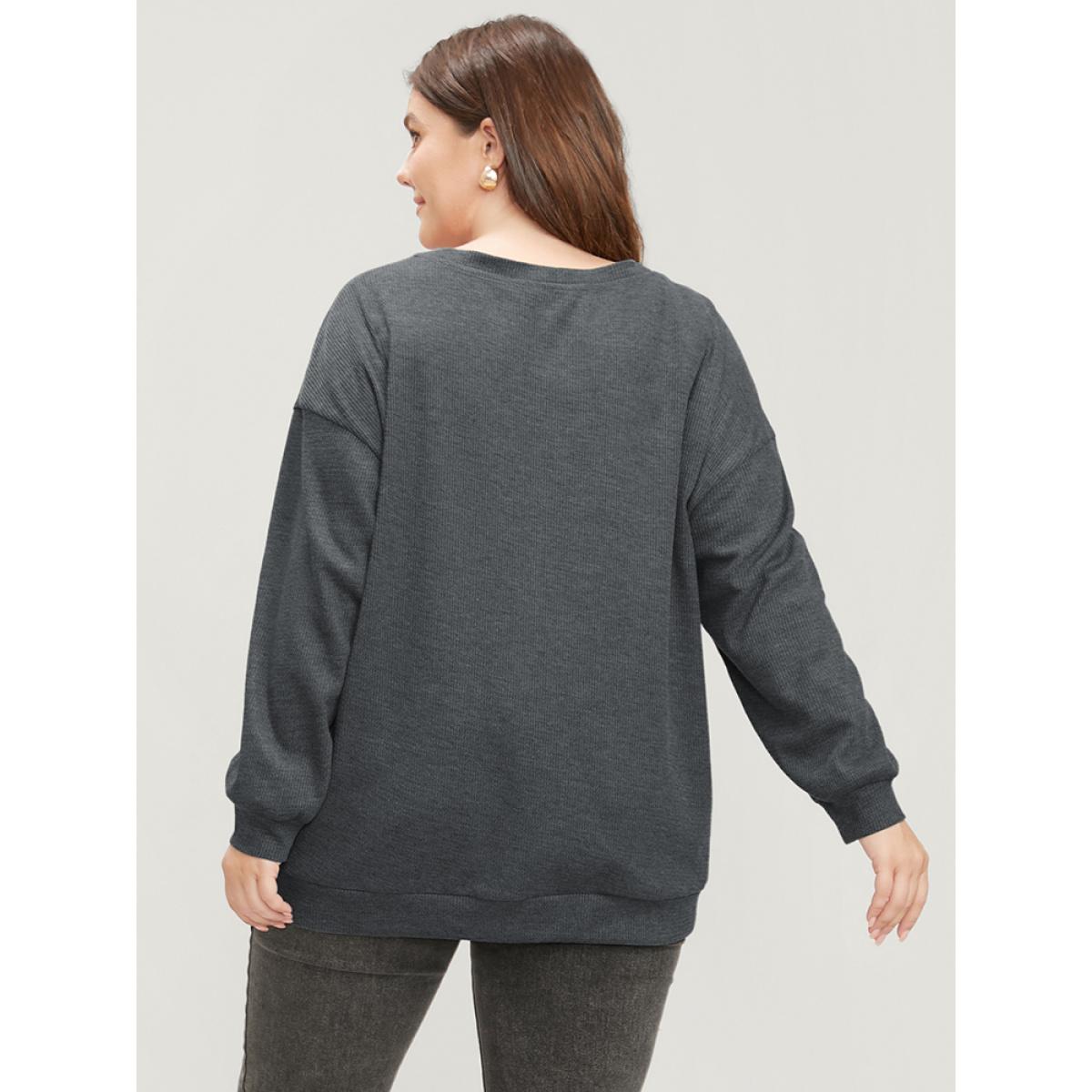 Plus Size Solid Button Detail Round Neck Waffle Knit Sweatshirt Women DimGray Elegant Button Round Neck Dailywear Sweatshirts BloomChic 28/5X Product Image