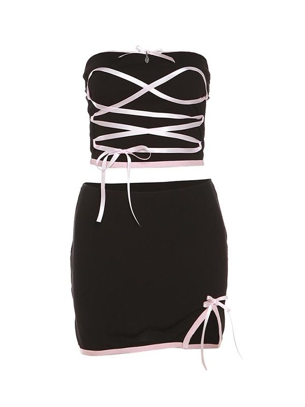 Contrast Ribbon Tie Up Bandeau Top & Bow Split Skirt Set Product Image