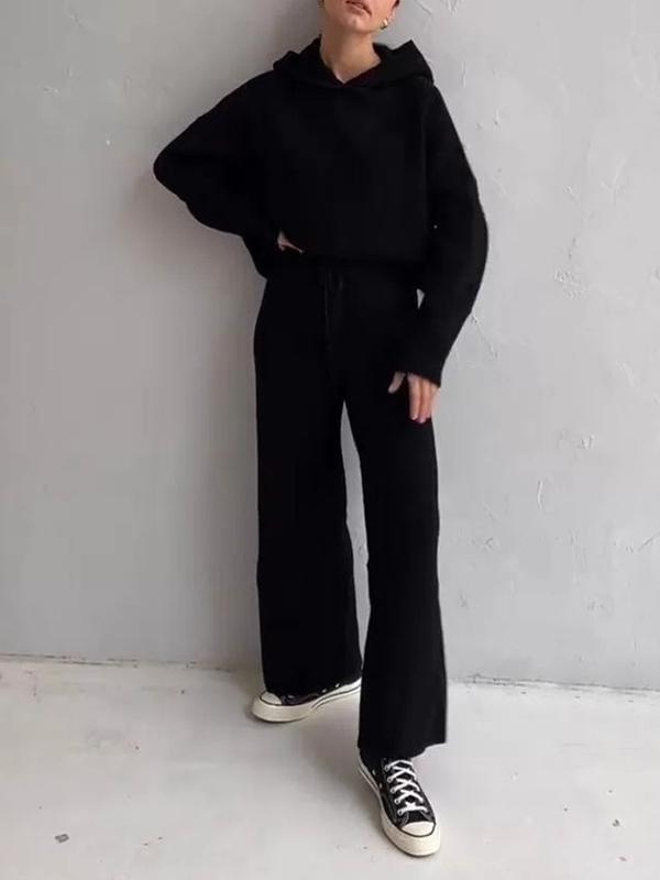 Loose Solid Color Round-Neck Hooded Long Sleeves Sweater Top + Drawstring Pants Bottom Two Pieces Set Product Image