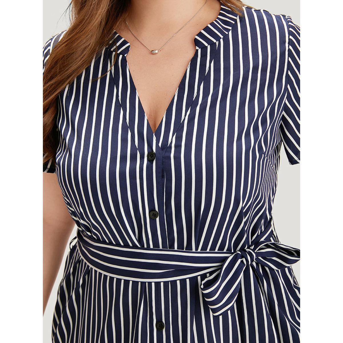 Plus Size Striped Pocket Button Through Belted Split Hem Dress Indigo Women Office Belted Notched collar Short sleeve Curvy Midi Dress BloomChic 10/M Product Image