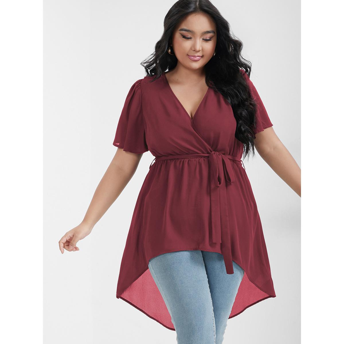 Plus Size Burgundy Plain Asymmetrical Hem Ruffles Belted Wrap Blouse Women Elegant Short sleeve V-neck Dailywear Blouses BloomChic 10/M Product Image