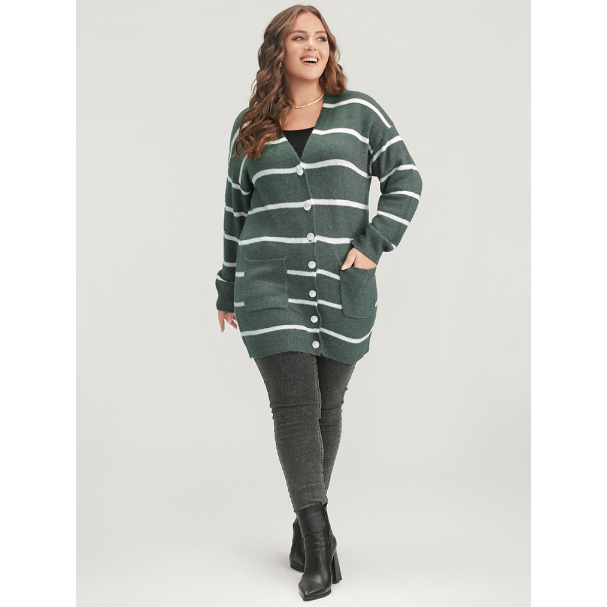 Plus Size Striped Contrast Super Soft Plush Knit Pocket Button Front Cardigan DarkGreen Women Casual Loose Long Sleeve Dailywear Cardigans BloomChic 18-20/2X Product Image