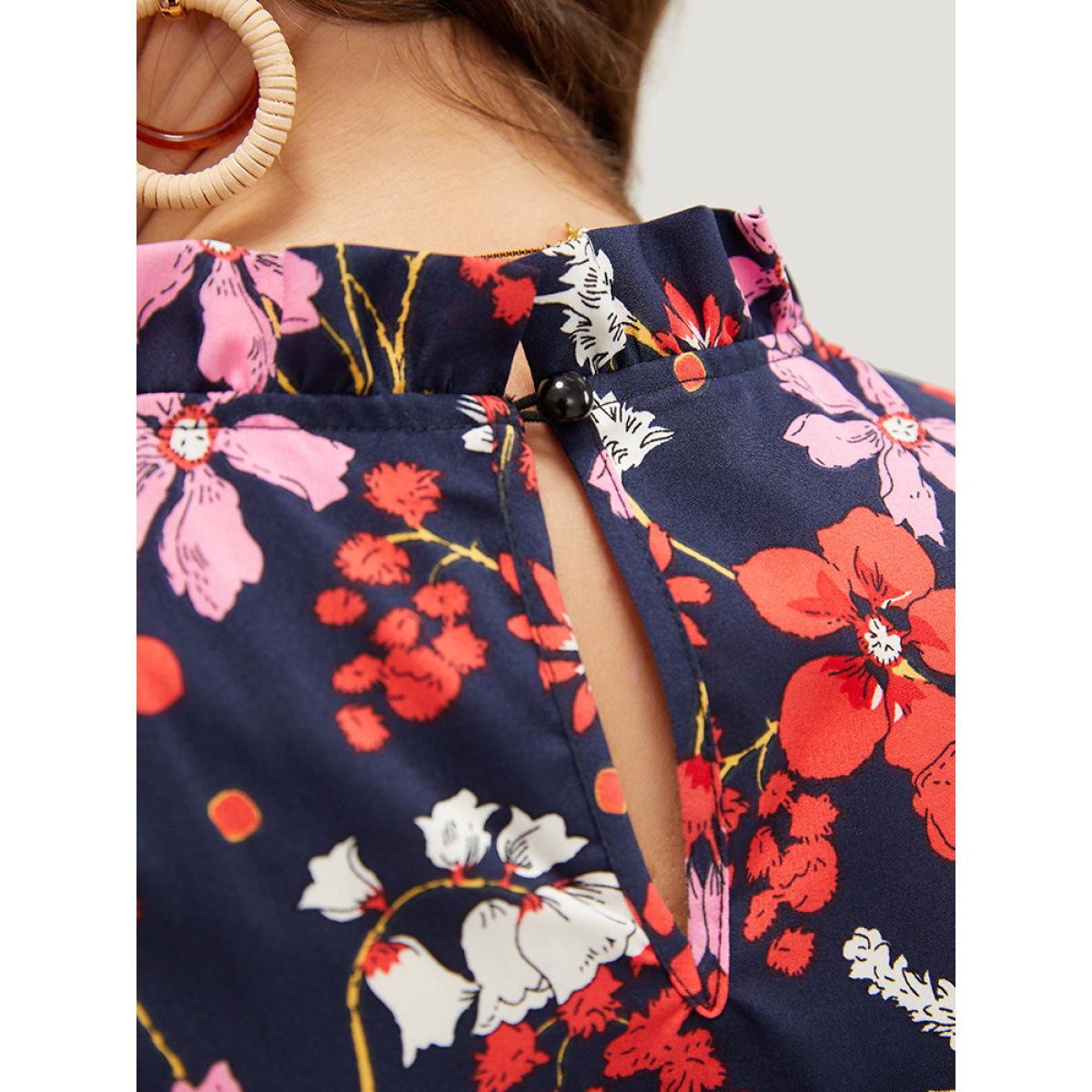 Plus Size Floral Shirred Mock Neck Cut Out Pocket Ruffle Hem Dress DarkBlue Women Elegant Frill Trim Mock Neck Sleeveless Curvy Midi Dress BloomChic 28/5X Product Image