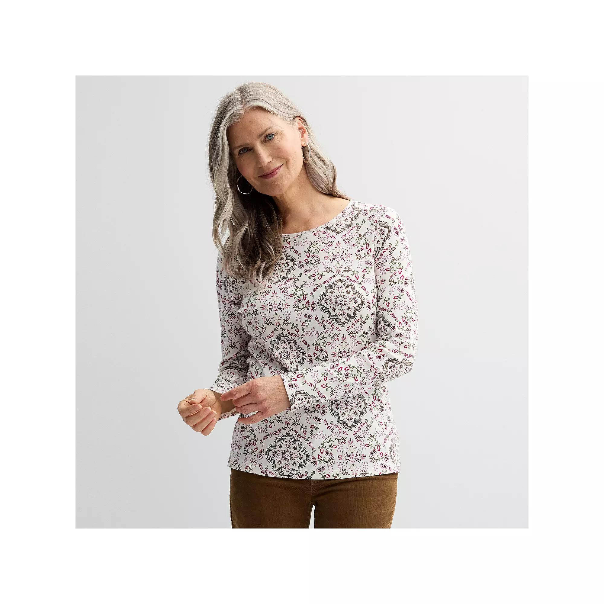 Women's Croft & Barrow® Essential Long-Sleeve Crewneck Tee, Size: Small, Ivory Medallion Product Image